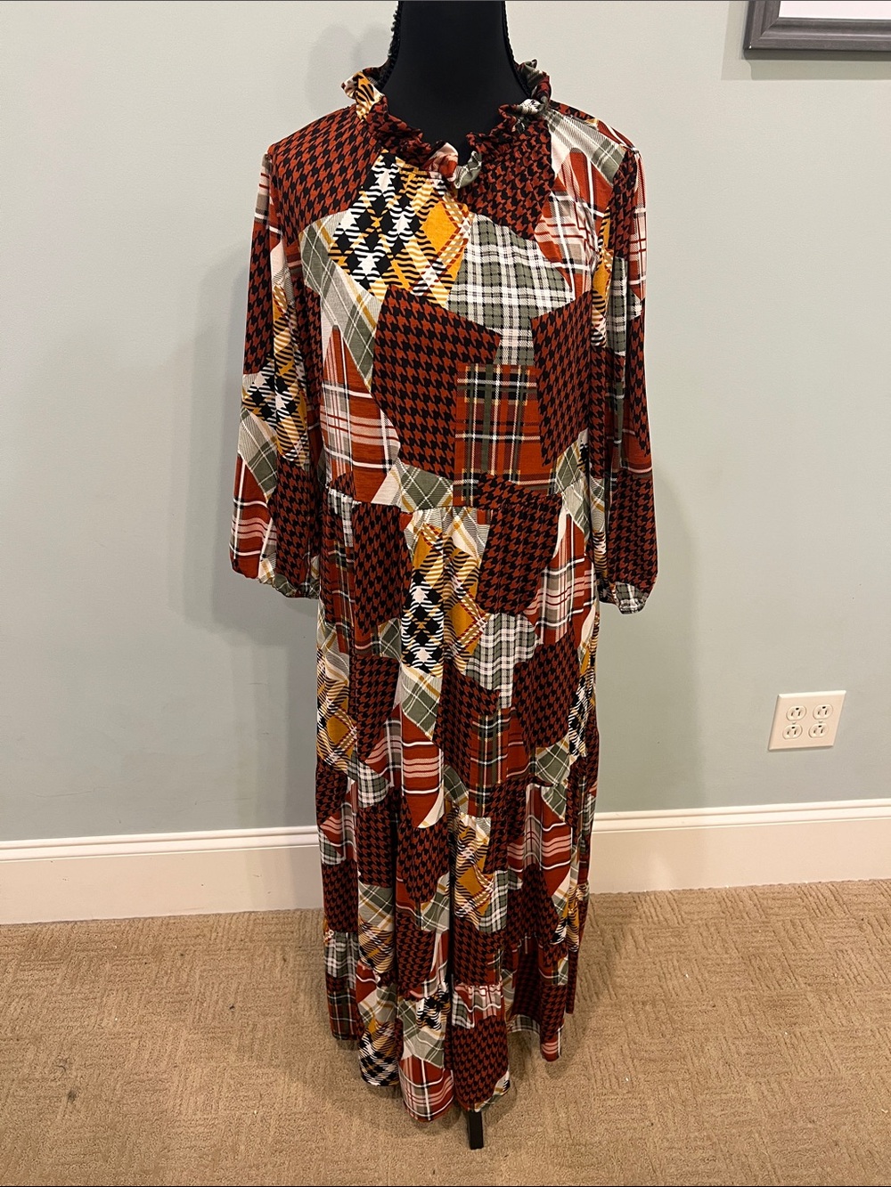 Patchwork Plaid Ruffle-Neck Maxi Dress in Rust Multi